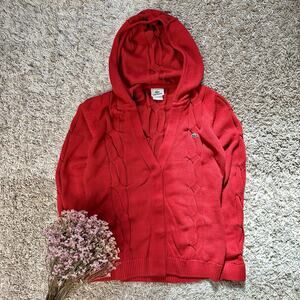 Lacoste Red Cable Knit Hooded V-Neck Button Cardigan Sweater Women's Size 40